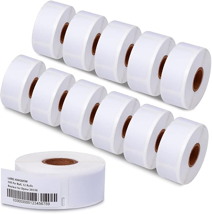 Label KINGDOM 12 Roll Compatible with Dymo 30336 1" x 2-1/8" Barcode Label | Compatible with LabelWriter 400, 450 Turbo, 4XL desktop printers, 25mm x 54mm, 500/roll, Multipurpose thermal LW label