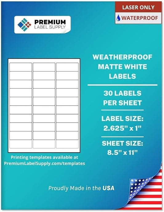 Premium Label Supply Waterproof White Address Sticker Labels – 2.625" x 1" – Laser Printers Only – (30 per Sheet), 100 Sheets - 3,000 Total Adhesive Labels