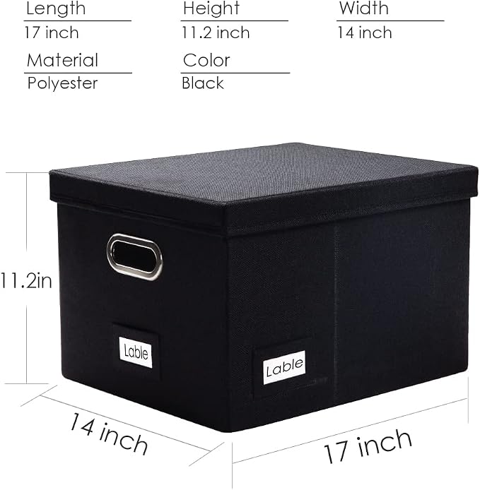 PRANDOM File Organizer Box - Set of 2 Collapsible Decorative Linen Filing Storage Hanging File Folders with Lids Office Cabinet Letter/Legal Size Black (17x14x11.2 inch)