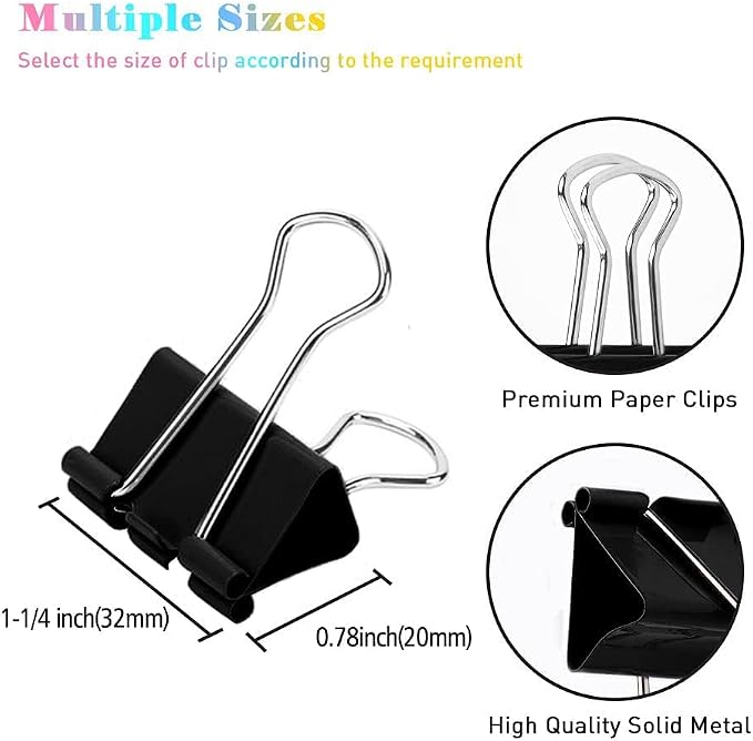 Medium Binder Clips, 144 Pack, 1-1/4 Inch, Standard 32mm, Black, Capacity 0.6 Inch, 1.25 Inch Medium Clips, Fold Clamp, Office Supplies