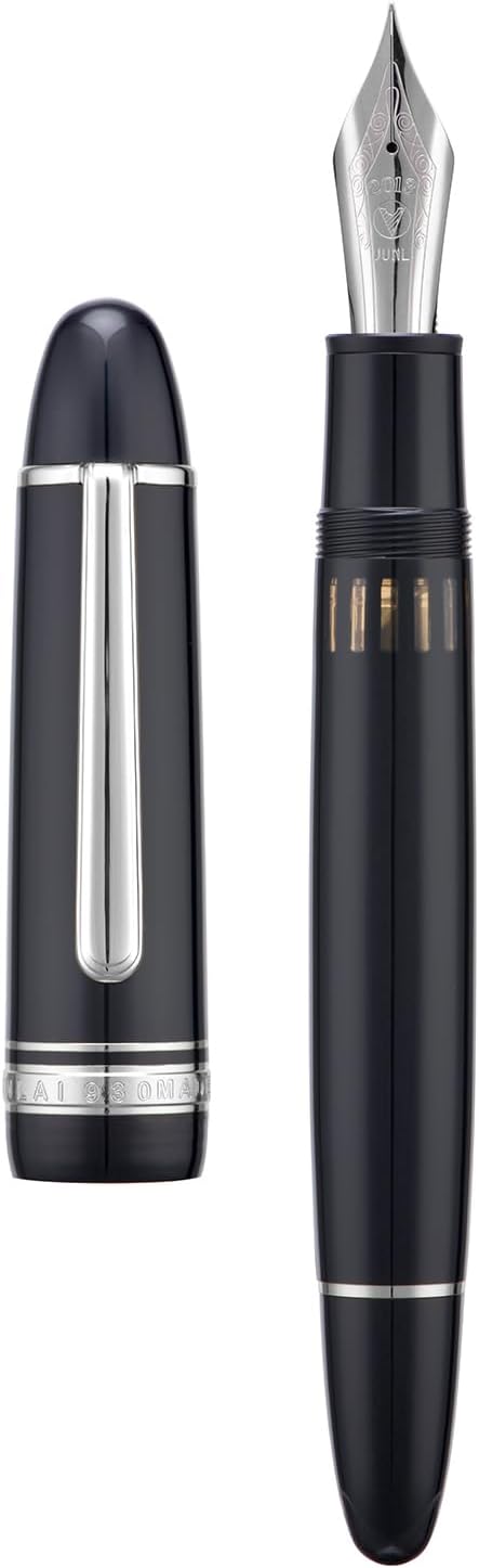 Yongsheng Junlai 930 Acrylic Fountain Pen, Size 9 Medium Nib with Piston Filling System, Piano Black Fence Ink Tank with Torpedo Shape Design Large Hand Pen (Silver Trim)
