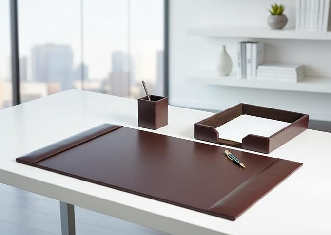 Dacasso Brown Bonded Leather Luxury 3 Piece Desk Set - Blotter Pad & Desk Organization Essentials - Executive Decor and Surface Protector