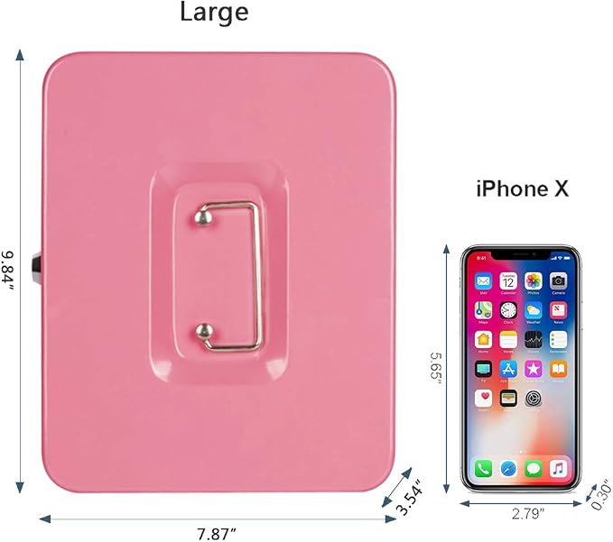 KYODOLED Large Metal Cash Box with Money Tray and Lock,Money Box with Cash Tray,Cash Drawer,9.84"x 7.87"x 3.54" Pink Large