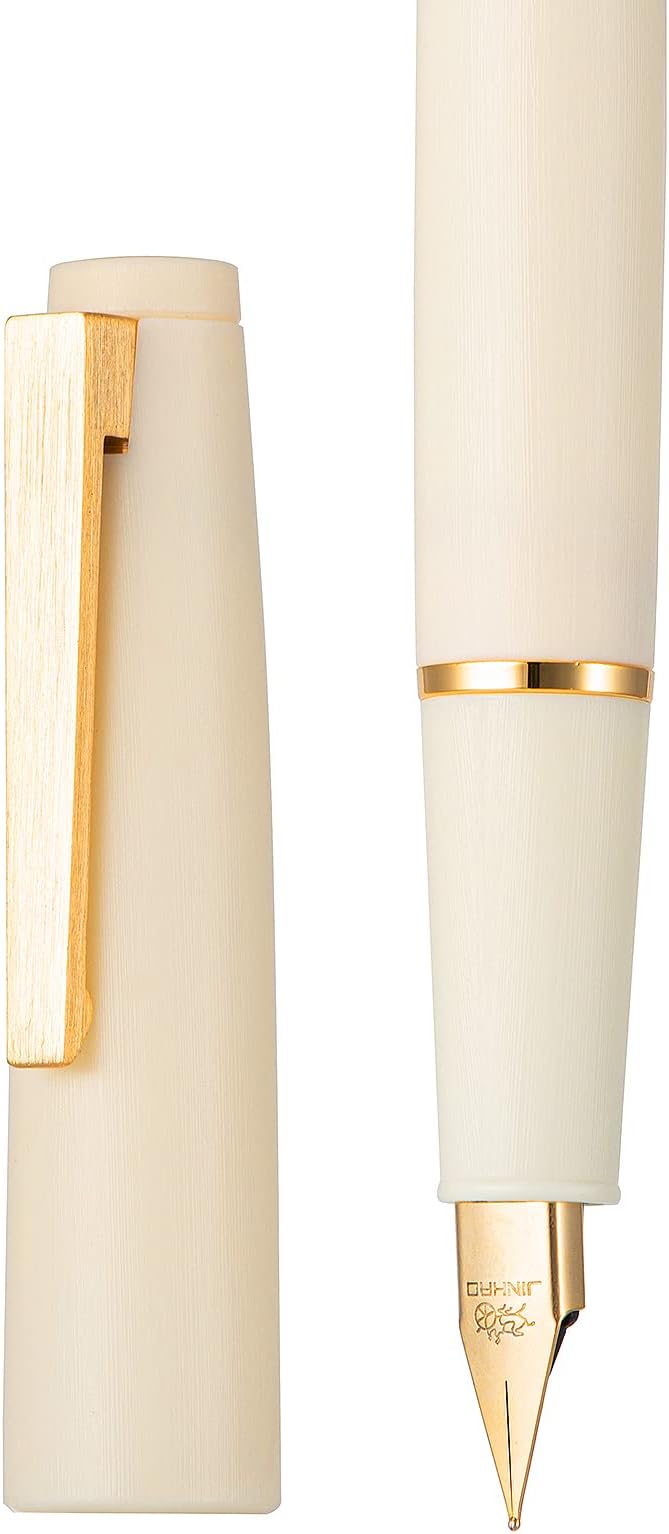 Jinhao 80 Ivory White Fiber Brushed Fountain Pen, Iridium Extra Fine Gold Nib with Ink Converter, Classic Design Smooth Writing Pen (Gold Clip)