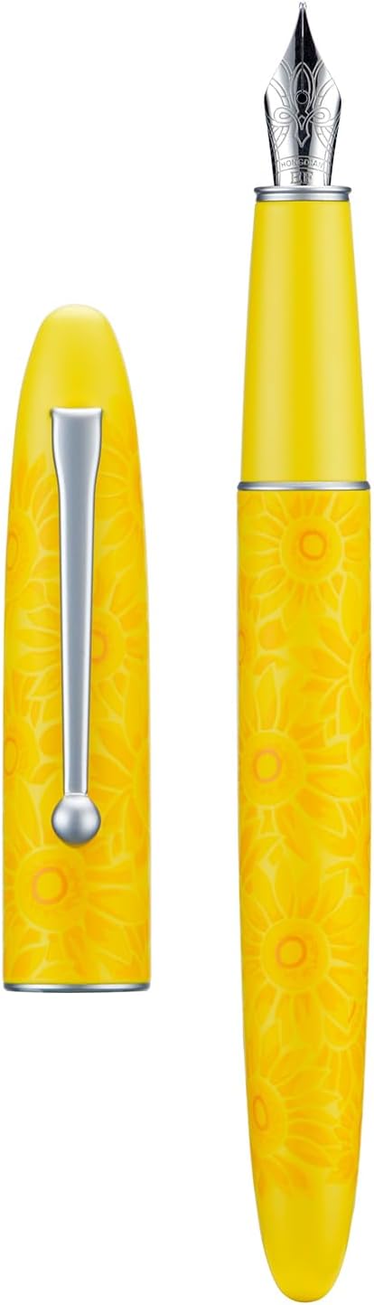HONG DIAN C3 Fountain Pen, Iridium Extra Fine Soft Nib Chinese Knot Carving, Bright Yellow & Sunflower Painting Design with Metal Box Set