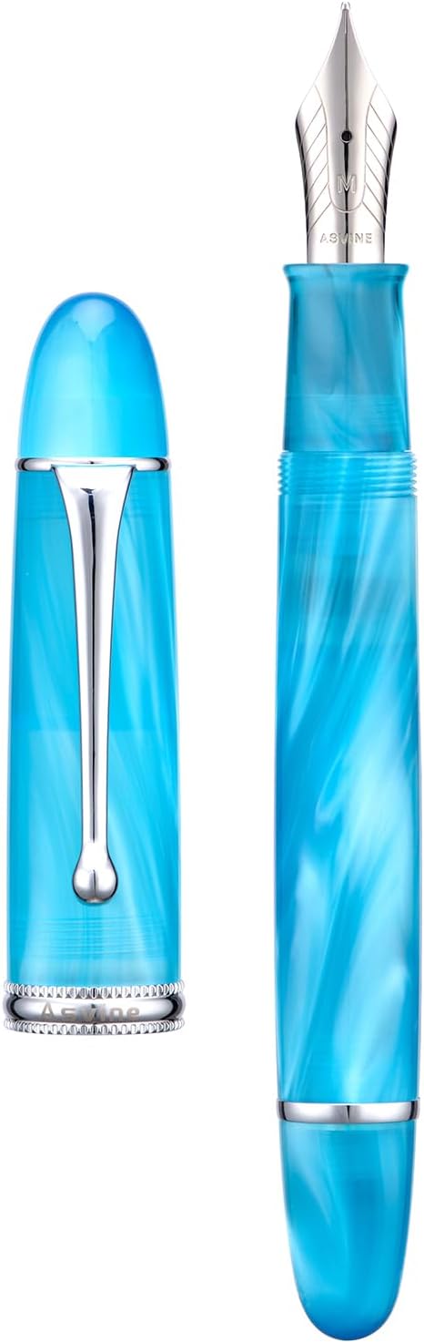 Asvine V800 Fountain Pen – Vacuum Filling System with Large Ink Capacity – Smooth Number 8 Extra Fine Nib with Gift Case and Wrench- Sky Blue Acrylic
