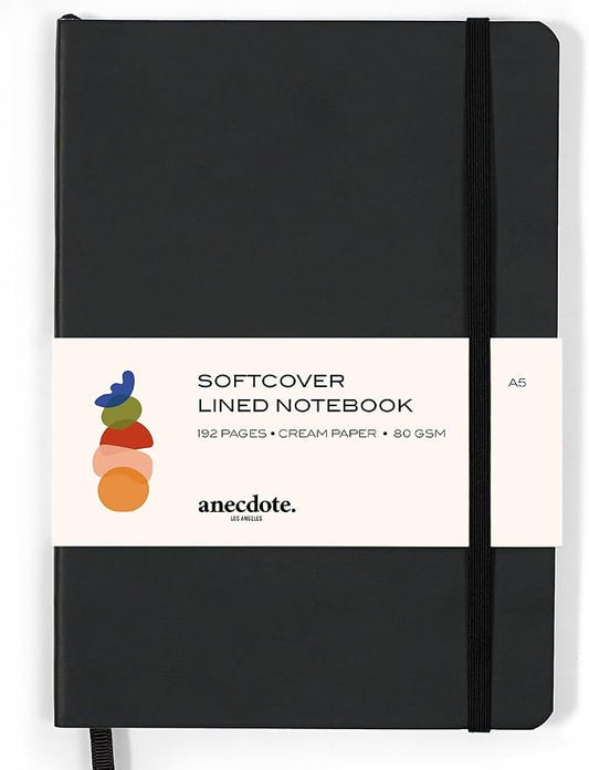 ANECDOTE. Softcover Ruled Journal with Thick 80 gsm Lined Cream Paper A5 size (8.3 inches x 5.4 inches) - Daily Writing Notebook for Travel, School and Office Use - Diary for Women and Men - Black