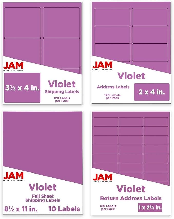 JAM PAPER Shipping & Mailing Address Labels - Multi Size Assortment - Purple - 370/Pack