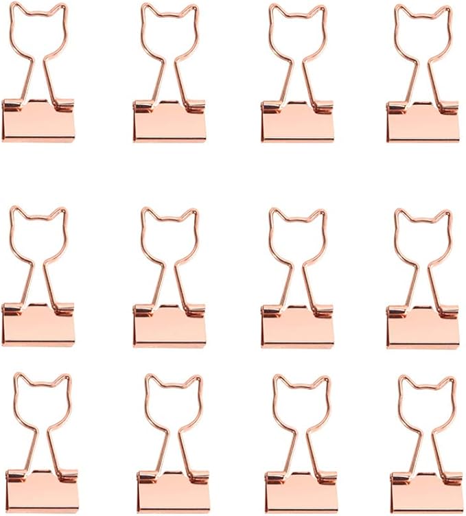 Cat Binder Clips,Rose Gold Cute Metal Binder Clips with Cat Shaped 3/4-Inch Small Office Supplies for Cat Lovers Decor (12Pcs)