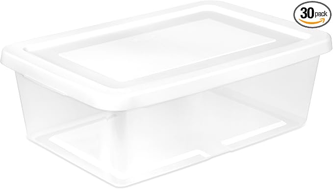 Sterilite Storage Box Stackable Tote, White, 12 Quart, 30 Pack | Clear Plastic Container with Secure Snapping Lids for Home and Office Organization