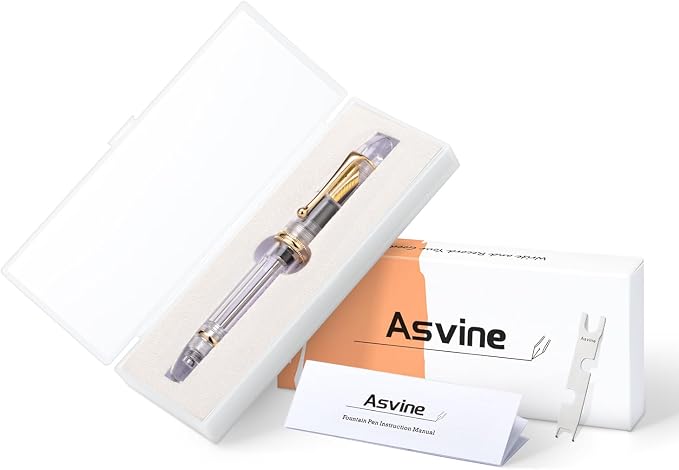 Asvine V800 Fountain Pen - Vacuum Filling System with Large Ink Capacity - Smooth Number 8 Extra Fine Nib with Gift Case and Wrench- Clear Gold Acrylic