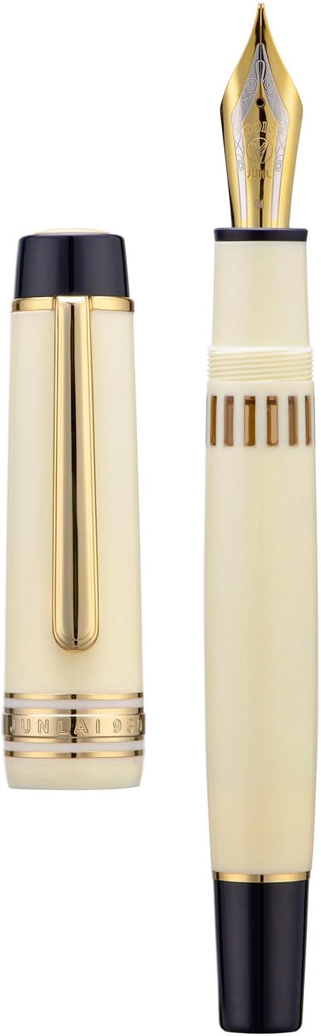 Wikult Yongsheng Junlai 930 Acrylic Fountain Pen, Size 9 Fine Nib with Piston Filling System, Ivory White Fence Ink Tank with Flat Top Design Smooth Writing Pen (Gold Trim)
