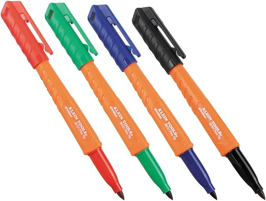 KLEIN TOOLS 861914 Skribes Fine Tip Permanent Markers, Assorted Colors, Hard Hat Clip, Multi-Surface Jobsite Marker for Wet, Dry and Oily Surfaces, 4-Pack