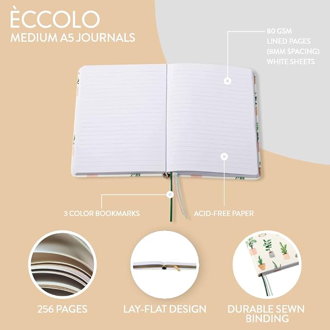 WORLD TRAVELER Eccolo A5 Hardbound Journal Notebook 256 Ivory Lined Pages | Sturdy Flexible Hardcover, 80GSM Acid-Free Ivory Pages, Smyth-Sewn Lay-Flat Binding, Ribbon Bookmark