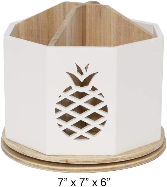 Spinning Desktop Stationary Organizer – Decorative Wooden Rotating Pen and Pencil Cup – 4 Compartment White Desk and Table Top Office Supplies Station with Pineapple Cutout - by Designstyles