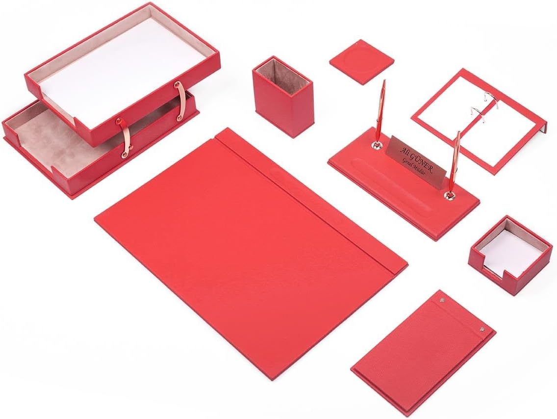 Luna Luxury Leather Desk Set for Men – 10 Piece Executive Office Desk Organizer Set with Document Tray, Desk Pad, Pen Holder, A5 Agenda with Fountain Pen Set – Multiple Color Options (Red)