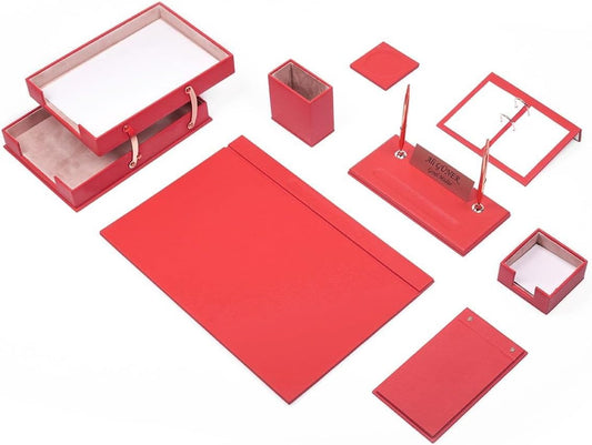 Luna Luxury Leather Desk Set for Men – 10 Piece Executive Office Desk Organizer Set with Document Tray, Desk Pad, Pen Holder, A5 Agenda with Fountain Pen Set – Multiple Color Options (Red)