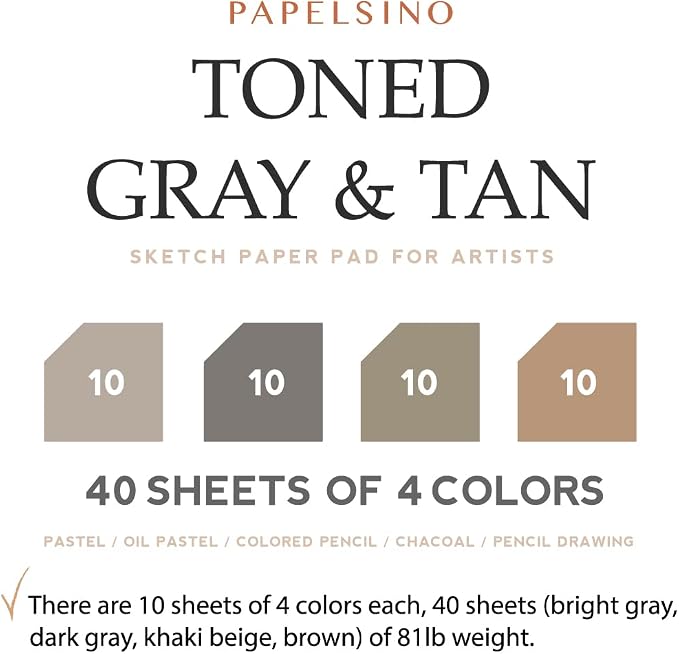 Toned Gray & Tan 4 Colors Sketchbook Paper Pad for Oil Pastel Colored Pencils Charcoal, 7.2 x 10”, f40 Sheets Papelsino