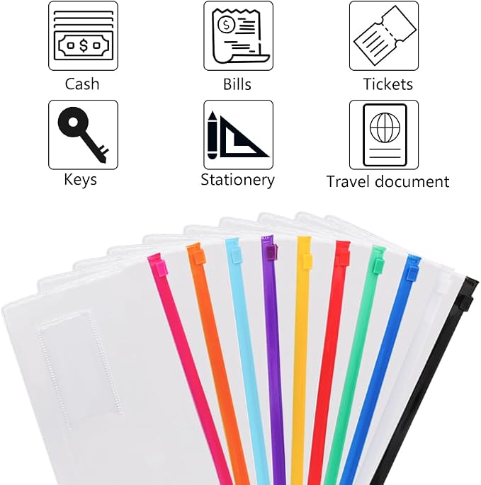 EOOUT 24pcs Poly Zip Envelope, Plastic Envelope, Reusable Envelopes, 9 x 4.7 Inches, A6 Size, 10 Colors, for Office Supplies