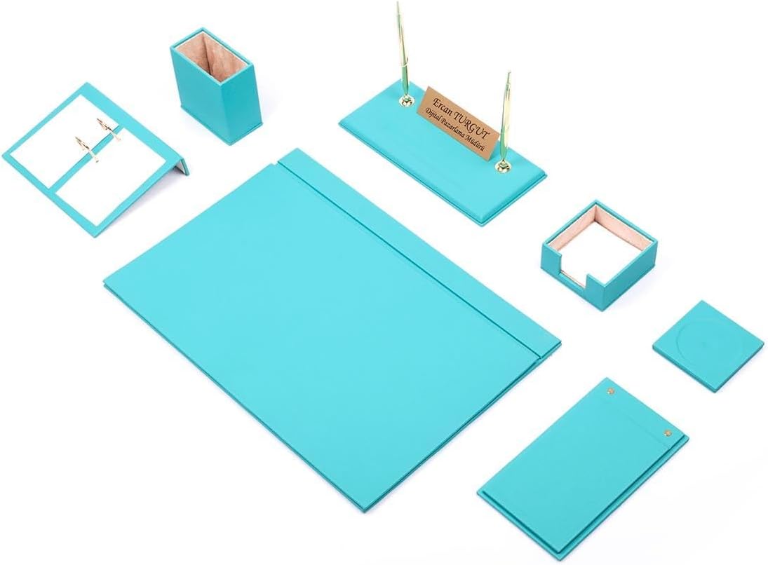 Luna Luxury Leather Desk Set – 9 Piece Executive Desk Organizer with Desk Pad, Fountain Pen Set, Pen Holder & A5 Note Case – Professional Office Desk Accessories – Multiple Colors (Turquoise)