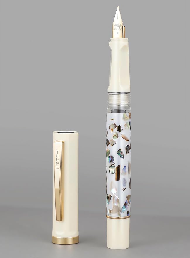 Jinhao 58 Fountain Pen - Natural Sea Shell Inlay Fine Nib Writing Pen with Ink Converter & Silver Metal Gift Box, Ivory White