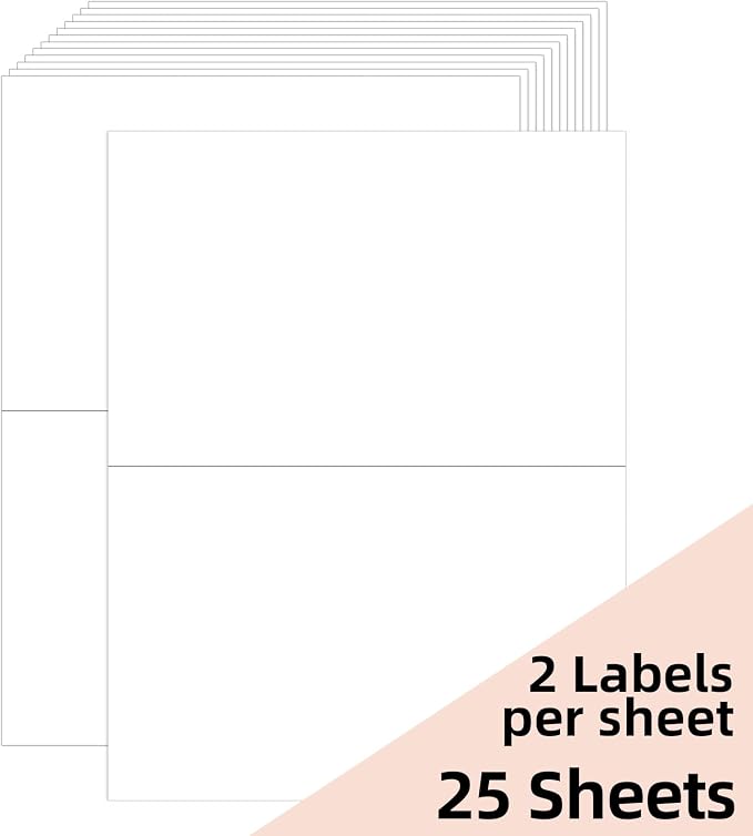 Half-Sheet Printable Shipping Labels- 5 1/2 x 8 1/2- Matte White Mailing Labels- Laser/Inkjet Compatible - 50/Pack