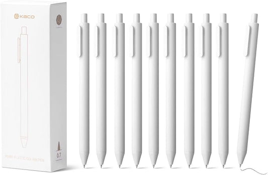 Kaco PURE White Gel Pens 0.7mm Fine Point Black Ink 10 Count, Quick Dry Smooth Writing, Aesthetic Office Supplies Refillable Retractable Low Center of Gravity