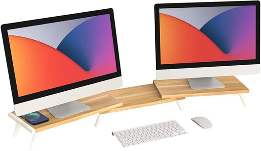 loukin Dual Monitor Stand Riser for Desk, 43.6" × 8.2" Computer Stand, Wood | Supports 22 lb, No Installation Required, Water-Resistant Surface, Fits Laptops and Printers, Ergonomic Design