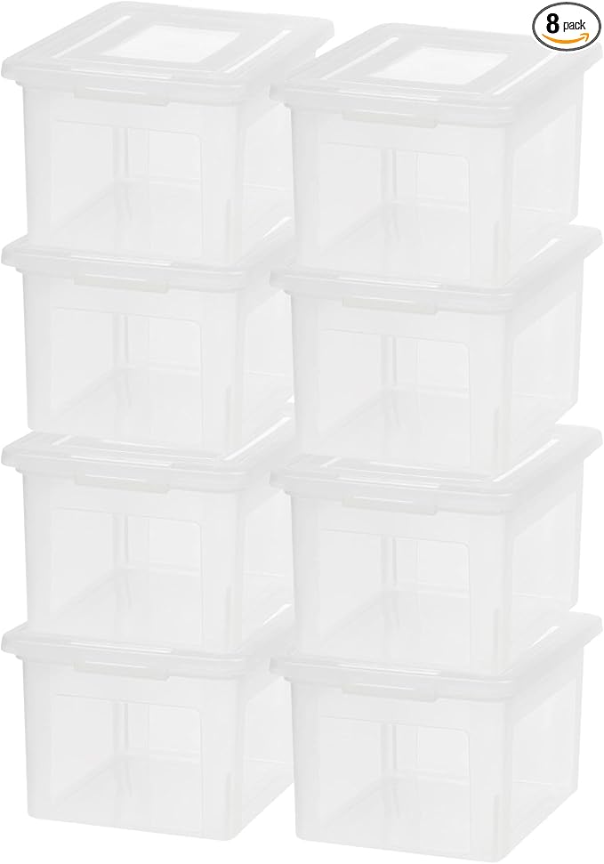IRIS USA File Box, Plastic File Organizer with Lids for Letter/Legal File, Portable Document Box For Moving, Storage Bin with Durable and Secure Lid, Stackable Nestable BPA-Free, Clear 35 Qt. 8 Pack