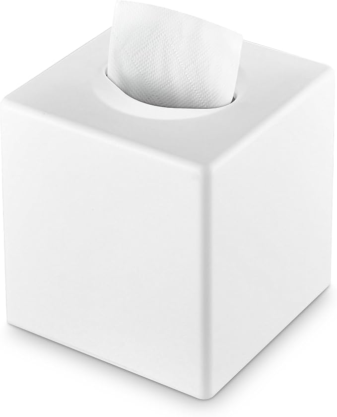 Y-in Hand Tissue Box Cover, Modern Decorative Square Facial Storage Tissue Box Holder, Home Accessories for Bathroom Vanity Countertops, Dressers, Night Stand, Parlors and Office - White