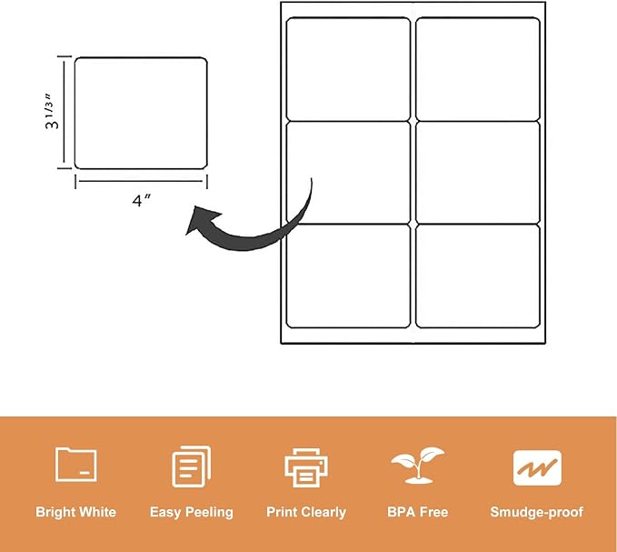 LabelMore 3 1/3 x 4 Labels - 6 Up Self Adhesive Shipping Labels - FBA Labels - Stickers for Laser & Inkjet Printers - 1000 Sheet/ 6000 Labels