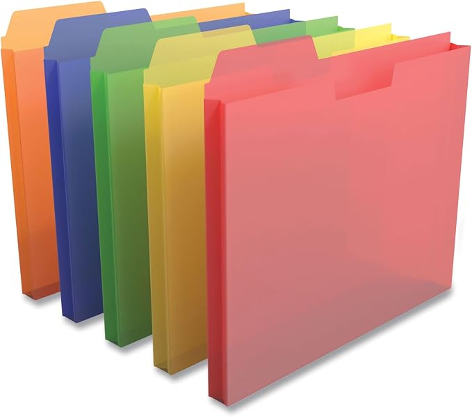 1InTheOffice Plastic File Folders Letter Size 1/3 Cut Tab, Poly File Pockets, Assorted Colors (10 Pack)