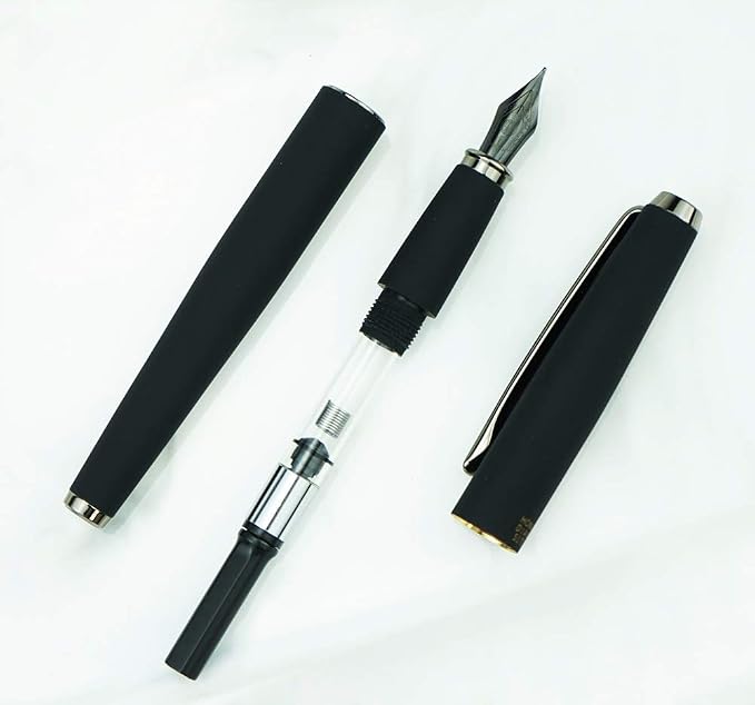 Hongdian 517D Matte Black Fountain Pen Medium Nib, Warrior Series Classic Design with Converter and Metal Box