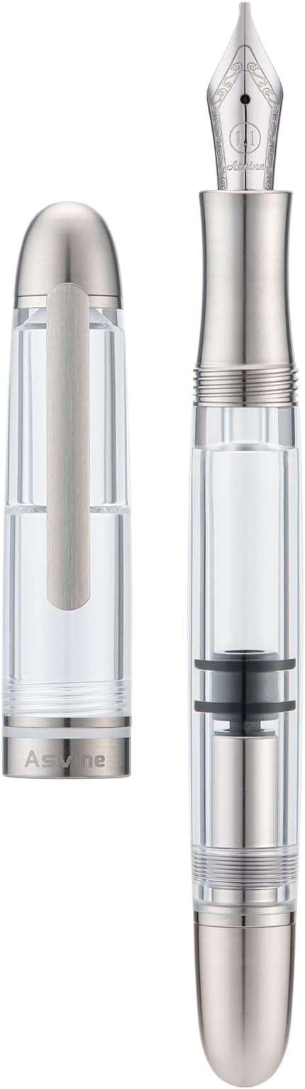 Asvine P36 Titanium Fountain Pen Piston Filling, Stub Nib 1.1mm Calligraphy Art Drawing Clear Demonstrator Acrylic with Case Set