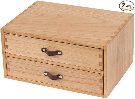 DDYURI Wooden Desk Organizer with 2 Drawers - Desktop Storage Drawers for Office Supplies File Paper Storage - Wood Chest/Small Cabinets for Jewelry Dresser Kitchen Counter (FAX2C-LT）