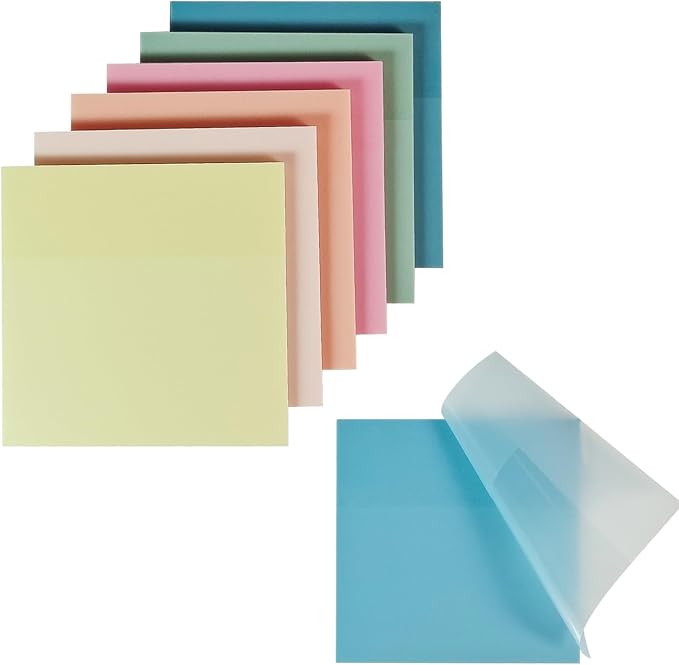 Transparent Sticky Notes,6 Pack 3x3 in, Clear ，Self-Adhesive Waterproof Translucent, Clear Notes, for Bible Sticky Notes, School, Office (Pastel 6 Colors, 3 * 3 Inch)