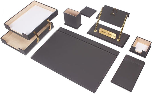 Luna Luxury Leather Desk Set for Men – 10 Piece Executive Office Desk Organizer Set with Document Tray, Desk Pad, Pen Holder, A5 Agenda with Fountain Pen Set – Multiple Color Options (Gray)