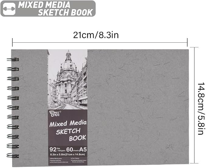5.8" x 8.3" Mixed Media Sketch Book,Spiral Bound Hardcover Sketchbook,60 Sheets 92lb/150gsm Neutral White Acid Free Paper,Art Journal Sketchbook for Drawing Writing Sketching Illustration,Silver Gray