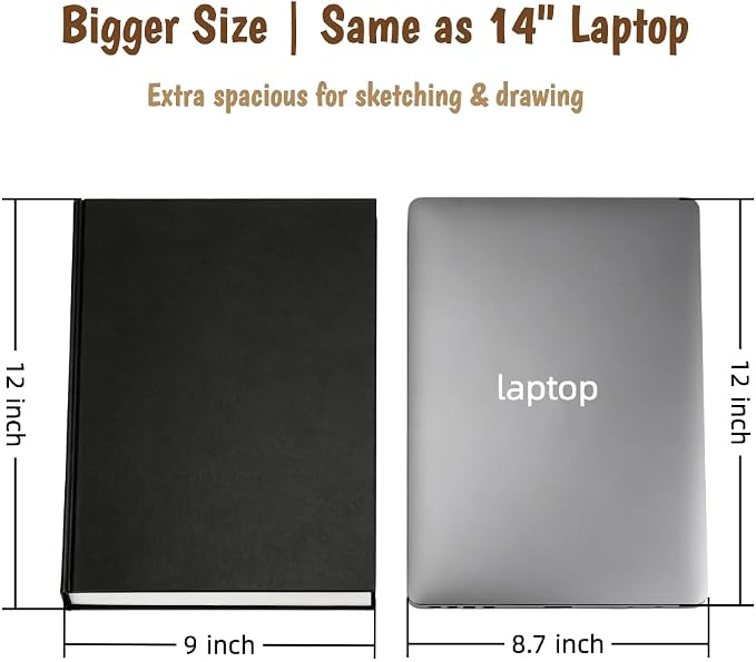 2 Pack Large Hardcover Sketch Pads for Drawing 9" x 12" - 110 Sheets (220 Pages) Each - 80lb/120GSM Acid Free Paper - Durable Binding Black Hardbound Sketchbook for Artists, Students & Hobbyists