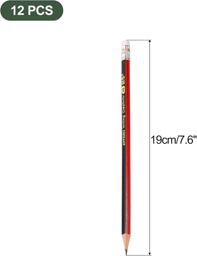 M&G Wooden Hexagonal Pencils, 12 Pcs HB Graphite Round Pencils with Eraser for Classroom & Office, Red & Black
