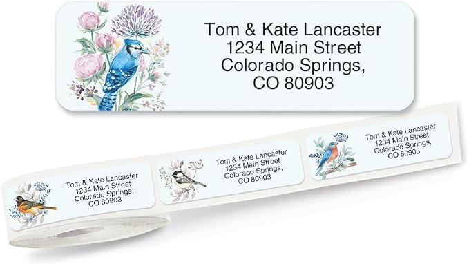 Colorful Images Birds & Flowers Rolled Personalized Return Address Mailing Labels with Dispenser, Set of 500, Small ¾ x 2½ Inch Size, Custom Self-Adhesive Sticker Roll, by Colorful Images