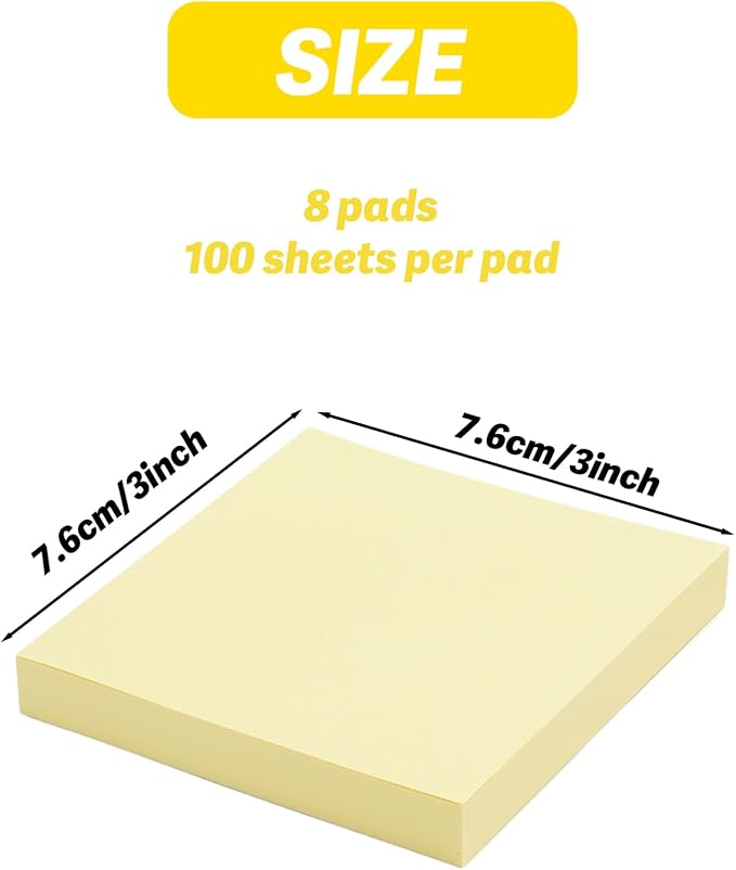Sticky Notes Pop Up Sticky Notes 8 Pads 3x3 100 Sheets Yellow Large Self-Stick Stickies Note Pads Teacher Back to School Supplies and Oﬃce Products