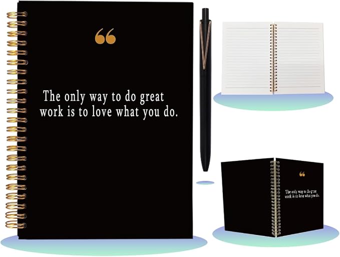 Quote Notebook with Pen Set Steve Jobs "Great Work", A5 Spiral New Job Gifts for Women Men, 160 Pages College Ruled Office Stationery, Coworker Leaving Onboarding Present, Black & Gold