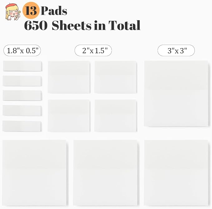 [650 Sheets] Transparent Sticky Notes, 3 Sizes Clear Sticky Notes Pads, Waterproof Self-Adhesive Translucent See Through Sticky Notes for Annotating Books,School & Office