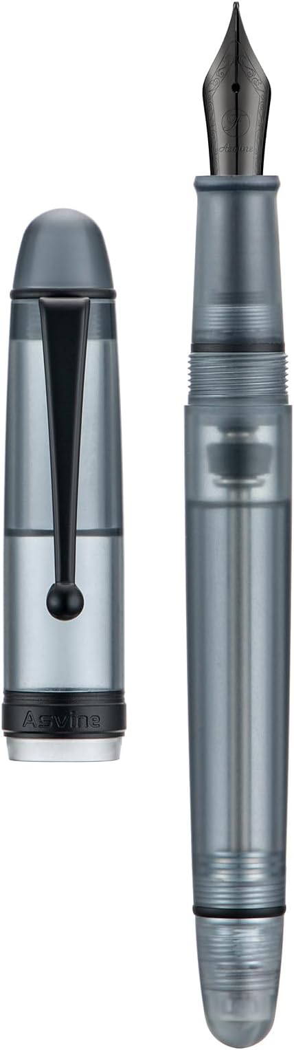 Asvine V126 Vacuum Filling Fountain Pen, Matte Black Acrylic Extra Fine Nib, Large-Capacity Pen with Gift Case