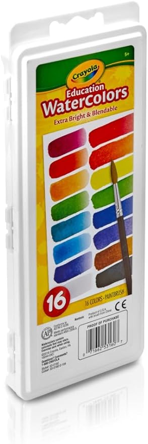Crayola Watercolor Paint Set (16 Count), School Supplies Essentials, Washable Paint for Kids, 1 Paint Brush, Arts & Crafts, Assorted Colors, Ages 4+