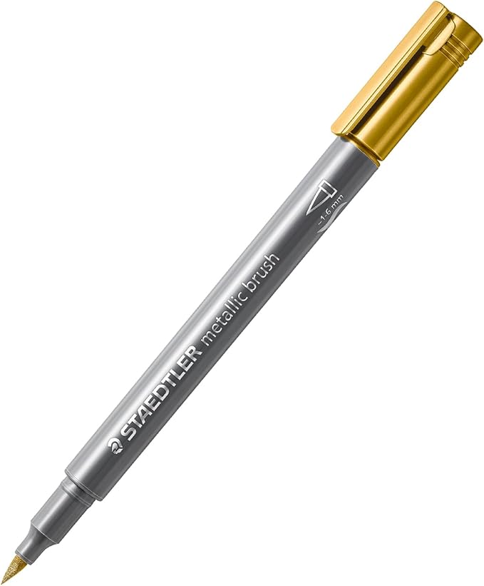 STAEDTLER Metallic Brush Pens, 5ct, 1-6mm Brush Tip, Assorted Colors, Opaque Ink that Writes on Light and Dark Paper; For Calligraphy, Hand Lettering, Scrapbooking, Cardmaking, and Crafts