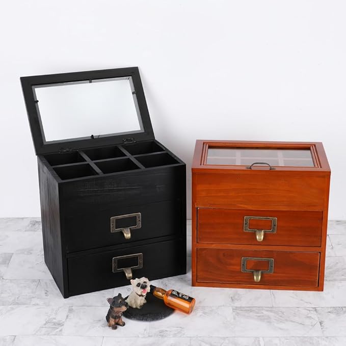 Small Wooden Drawers Wooden Box with Drawer Black | 2 Drawer Storage Box for Apothecary Cabinet, Apothecary Drawers，Desktop Organizer with Metal Handles for Office，Home