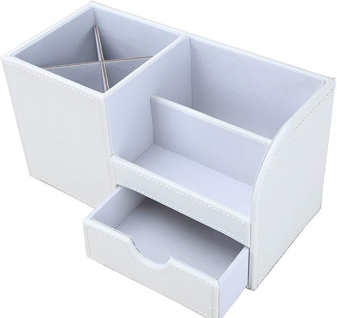 KINGFOM Desk Organizer Office Supplies Caddy Pu Leather Multi-function Storage Box Pen/Pencil,Cell phone, Business Name Cards Remote Control Holder with Small Drawer White
