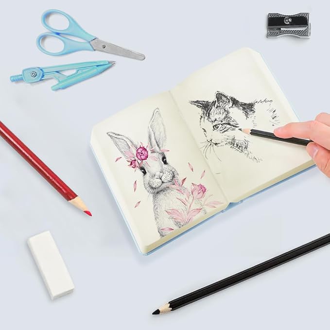 Mifuner Small Rectangle 3.5x5.5 200 Sheets 105gsm Mini Notebooks Blank Pages Sketchbooks Pocket Paint Writing Diary Memo PU Leather Cover Blue